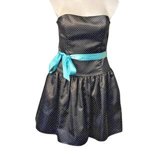 Jessica McClintock Gunne Sax Dress Strapless Black Polka Dot Teal Tulle 13/14